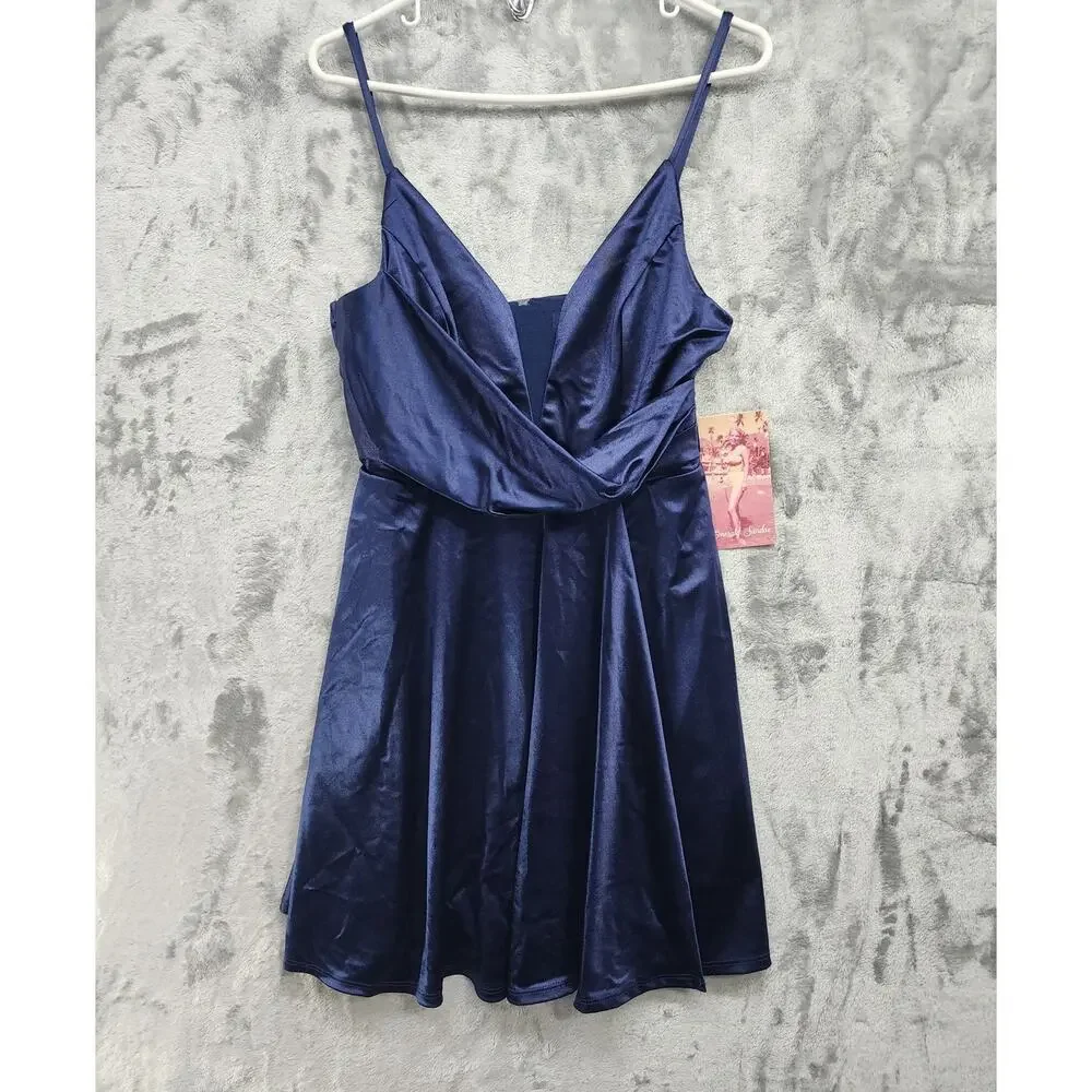 NEW Emerald Sundae Dress Womens L Blue Satin‎ Wrap Mini Spaghetti Straps Party